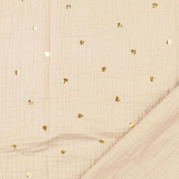 Gauze med hjerter i guld med baggrund i sand pr. 0,25 m.