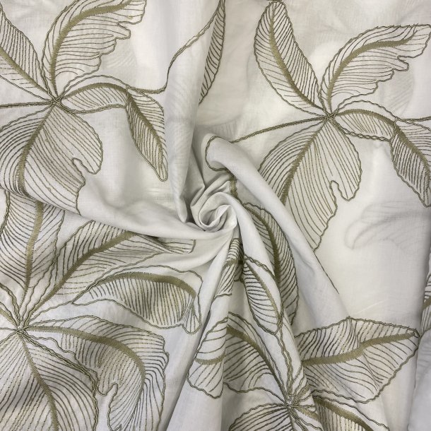 Bomuldsstof med broderi i hvid og olivengr�n pr 0,25 m