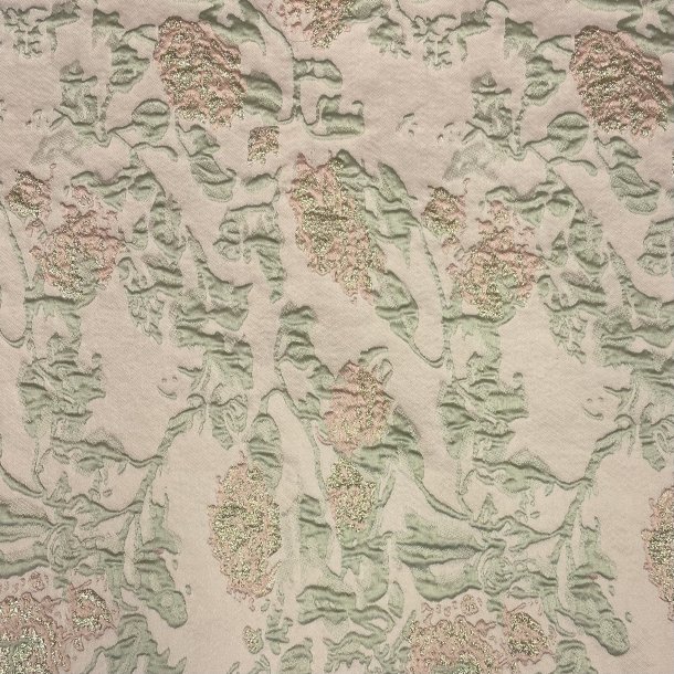 Brokade stof med blomster i lyserd, mintgrn og guldglimmer pr. 0,25 m