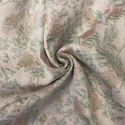 Brokade stof med blomster i lyserd, mintgrn og guldglimmer pr. 0,25 m