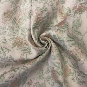 Brokade stof med blomster i lyserd, mintgrn og guldglimmer pr. 0,25 m