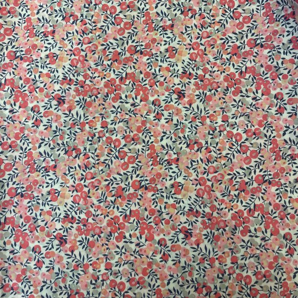 Liberty stof med blomster i lyserd, rd og gul p hvid baggrund pr. 0,25 m