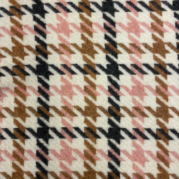 Hanefjed i uld/polyester - lyser�d, camel og gr� p� r�hvid baggrund - pr.0,25m