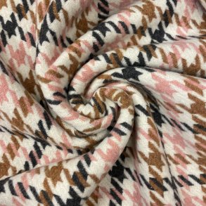 Hanefjed i uld/polyester - lyser�d, camel og gr� p� r�hvid baggrund - pr.0,25m