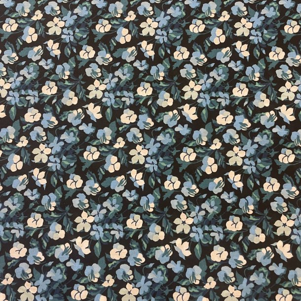 Liberty bomuld i sort med blomsterprint i bl� og hvid - pr. 0,25 meter