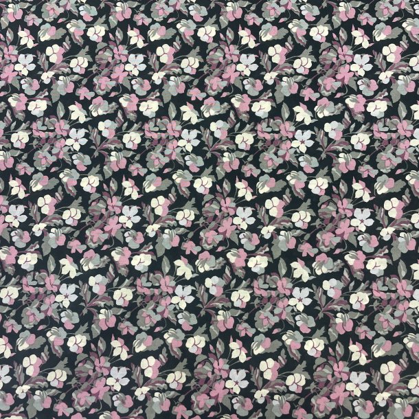 Liberty bomuld i sort med blomsterprint i hvid, gr� og lyser�d - pr. 0,25 meter
