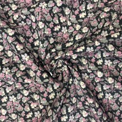 Liberty bomuld i sort med blomsterprint i hvid, gr� og lyser�d - pr. 0,25 meter