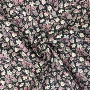 Liberty bomuld i sort med blomsterprint i hvid, gr og lyserd - pr. 0,25 meter