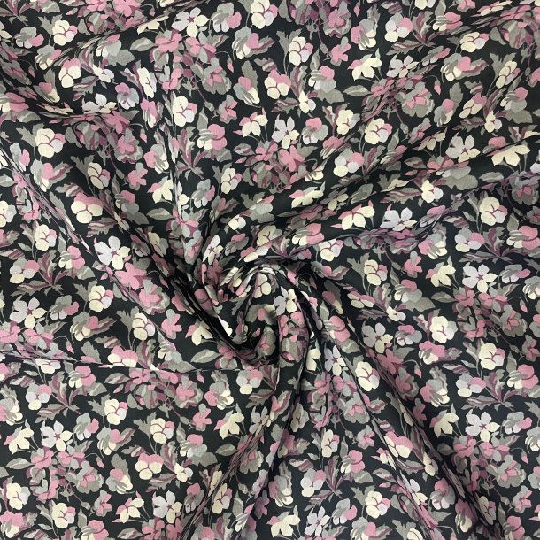 Liberty bomuld i sort med blomsterprint i hvid, gr� og lyser�d - pr. 0,25 meter