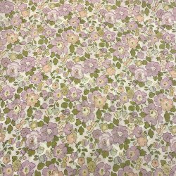 Liberty Stof med glimmer og sm� blomster i lilla, rosa og gr�n p� hvid baggrund pr 0,25 m