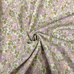 Liberty Stof med glimmer og sm� blomster i lilla, rosa og gr�n p� hvid baggrund pr 0,25 m