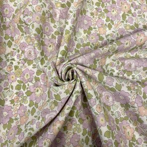 Liberty Stof med glimmer og sm� blomster i lilla, rosa og gr�n p� hvid baggrund pr 0,25 m