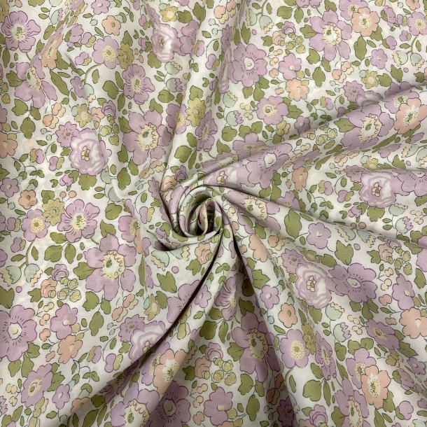 Liberty Stof med glimmer og sm� blomster i lilla, rosa og gr�n p� hvid baggrund pr 0,25 m