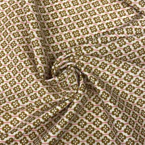 Liberty Stof med striber og blomster i pink og camel p� hvid baggrund pr 0,25 m