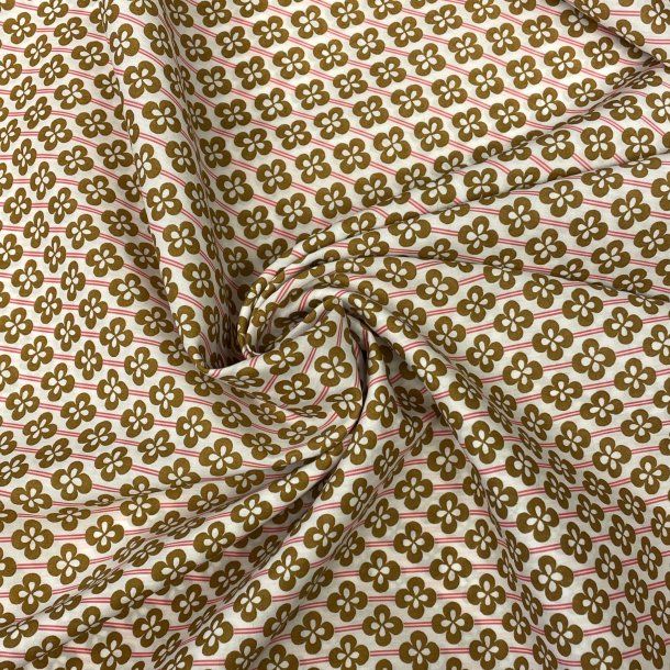 Liberty Stof med striber og blomster i pink og camel p� hvid baggrund pr 0,25 m