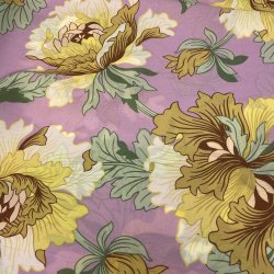 Liberty Stof med store blomster i gul p� lilla baggrund.pr 0,25 m