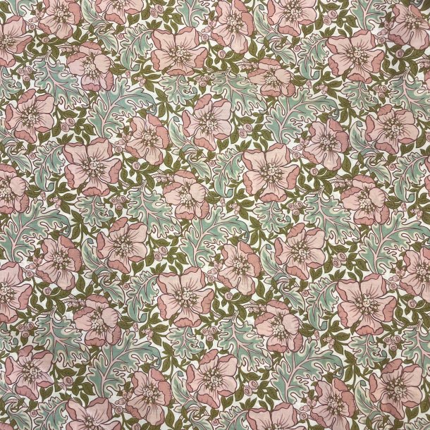 Liberty bomuld med blomster i lyserd og pink p grn baggrund pr. 0,25 m
