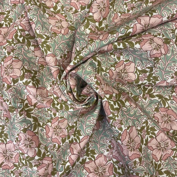 Liberty bomuld med blomster i lyserd og pink p grn baggrund pr. 0,25 m