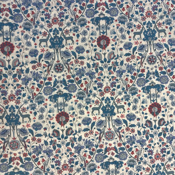 Liberty bomuld i hvid med blomsterprint i bl og rd - pr. 0,25 meter