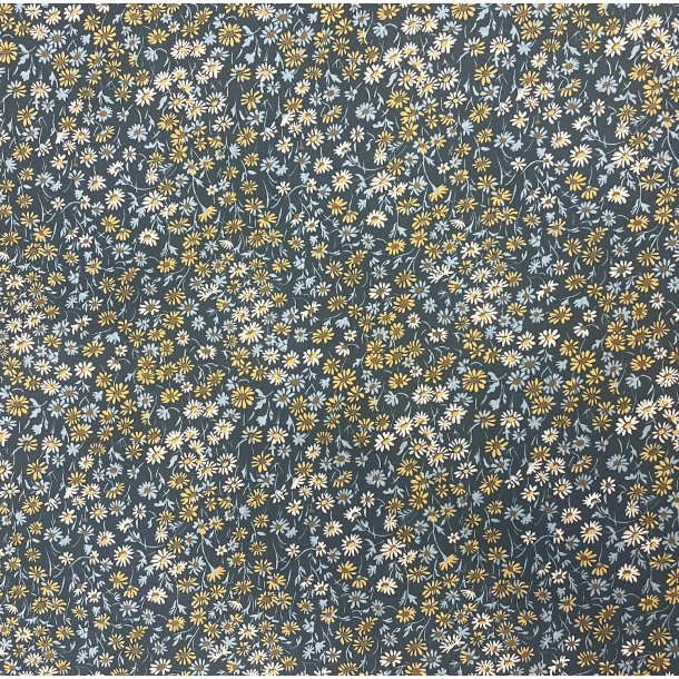 Liberty bomuld med gule og turkis blomster p bl baggrund pr. 0,25 m