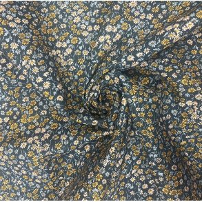 Liberty bomuld med gule og turkis blomster p� bl� baggrund pr. 0,25 m