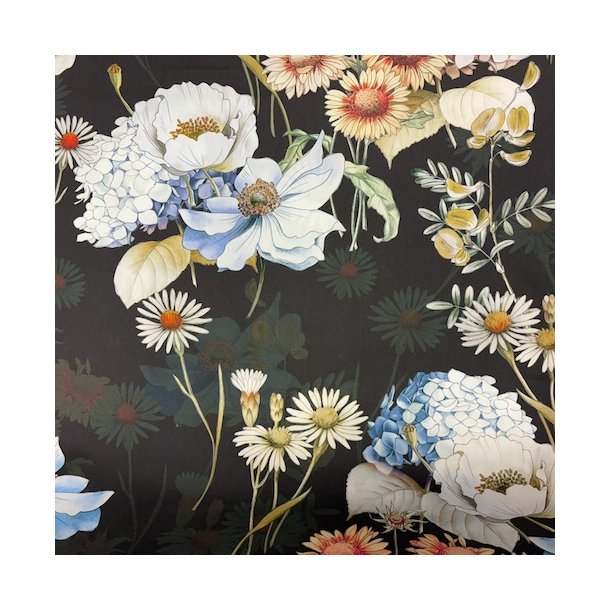 Bomuldsstof med blomster p brun baggrund pr. 0,25 m.