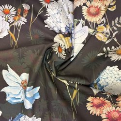 Bomuldsstof med blomster p brun baggrund pr. 0,25 m.