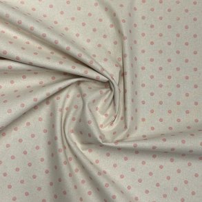 Fast bomuldsstof i lys beige med prikker i lyser�d - pr. 0,25 meter 