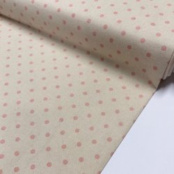 Fast bomuldsstof i lys beige med prikker i lyserd - pr. 0,25 meter 