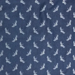 Bomuldsl�rred med let str�k i bl� med hvide fugle-silhouetter - pr. 0,25 meter
