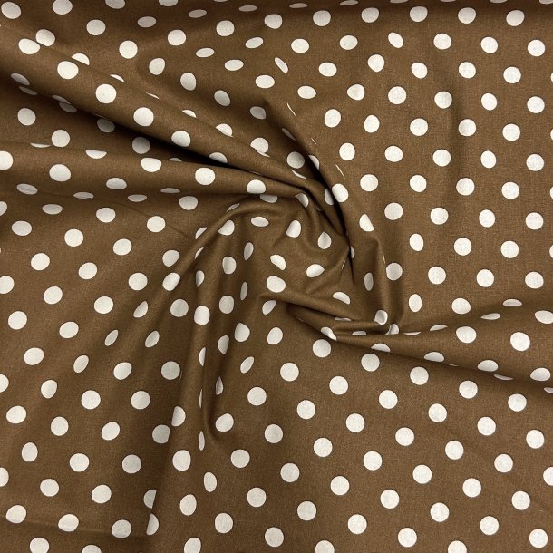 Fast bomuldsstof i brun sukker med polkaprikker - pr. 0,25 meter 