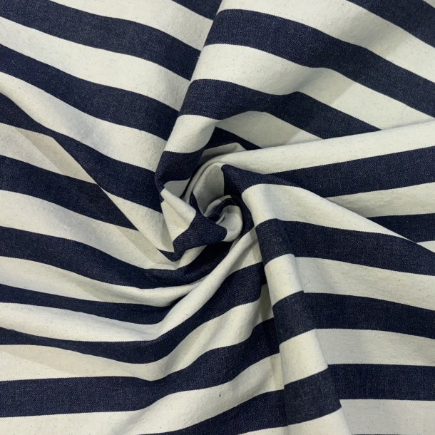 Denim i bomuld med brede striber i hvid og navy pr. 0,25 m