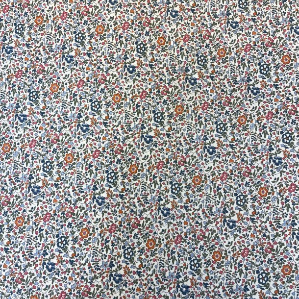 Liberty Stof med sm� blomster i rosa, orange, bl� og gr�n p� hvid baggrund pr 0,25 m