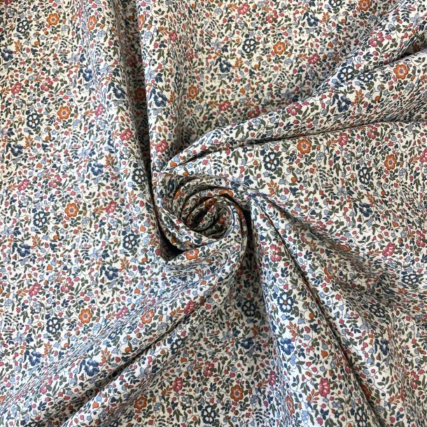 Liberty Stof med sm� blomster i rosa, orange, bl� og gr�n p� hvid baggrund pr 0,25 m