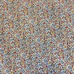 Liberty Stof med sm� blomster i karrygul, orange, bl� og gr�n p� hvid baggrund pr 0,25 m