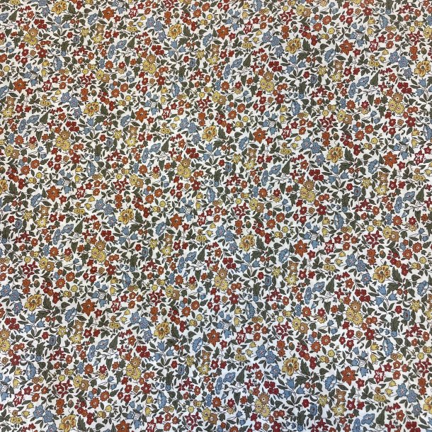 Liberty Stof med sm� blomster i karrygul, orange, bl� og gr�n p� hvid baggrund pr 0,25 m