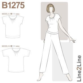 Snitmnster - Line2Line - B1275 Bluse med vingerme, rynk og rib