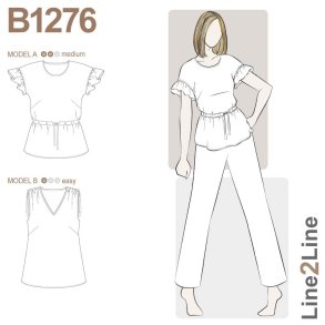 Snitmnster - Line2Line - B1276 Bluse med rmeflse og bindebnd