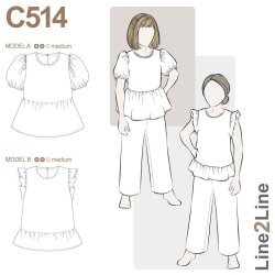 Line2Line C514 Peblum top / bluse med pufrmer - Brn