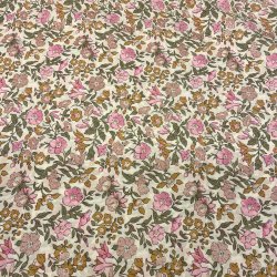 Liberty Stof med glimmer, sm� blomster i pink, camel og gr�n p� hvid baggrund pr 0,25 m