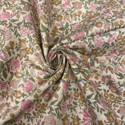 Liberty Stof med glimmer, sm� blomster i pink, camel og gr�n p� hvid baggrund pr 0,25 m