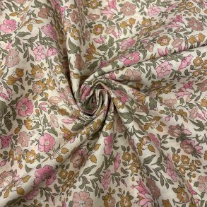Liberty Stof med glimmer, sm� blomster i pink, camel og gr�n p� hvid baggrund pr 0,25 m