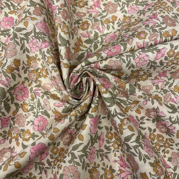 Liberty Stof med glimmer, sm� blomster i pink, camel og gr�n p� hvid baggrund pr 0,25 m