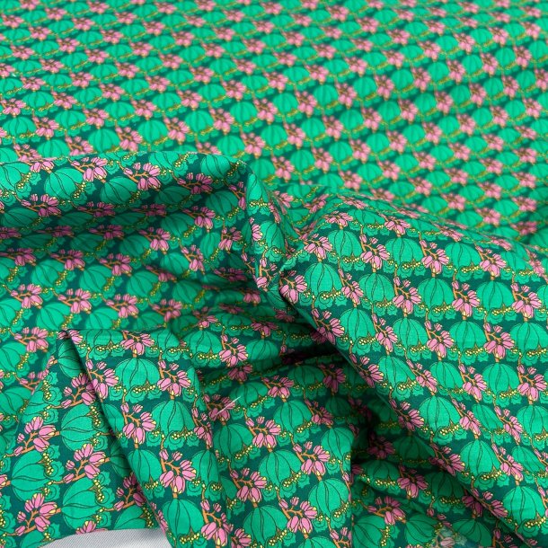 Liberty bomuld i grn med lyserde blomster  - pr. 0,25 meter 