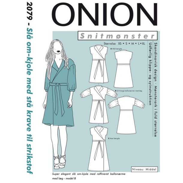 Onion 2079 - Slå om kjole med stå krave til strikstof. Snitmønster