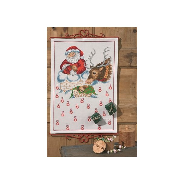 Pakkekalender - broderi fra Permin med julemand i skorsten