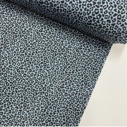 OEKO-TEX bomuldsjersey i bl med sorte leopardpletter - pr. 0,25 meter.