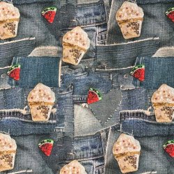 Bomuldsjersey med print af denim og pailletlapper - pr. 0,25 meter
