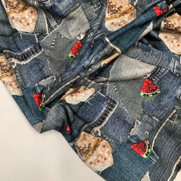 Bomuldsjersey med print af denim og pailletlapper - pr. 0,25 meter