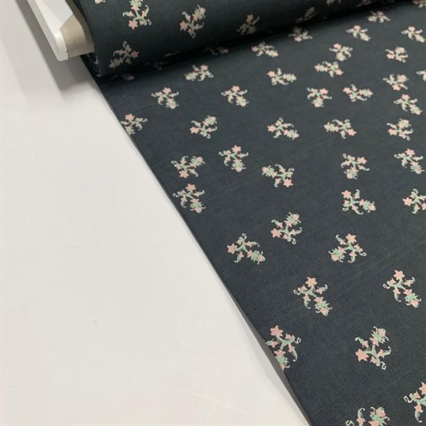 Bomuldslrred i koksgr med smt blomsterprint - pr. 0,25 meter